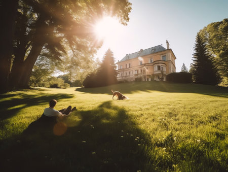 Generative AI : Wide format image of a beautifully trimmed lawn lit by soft sunlight in front of a country house on a warm summer dayの素材