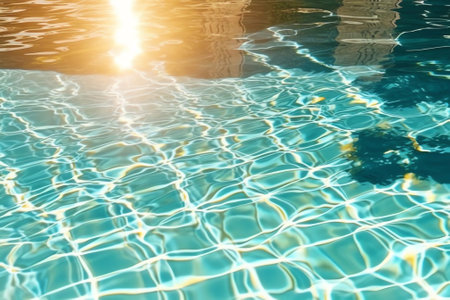 Generative AI : Sun reflection on the blue clear water ripples of pool with tile bottom Bottom of the pool water texture Pattern of sunlight on the bottom of a pool summerの素材