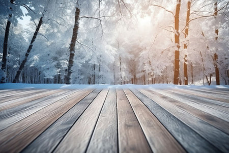 Generative AI : Winter christmas scenic background landscape in sunny day Empty wooden flooring stage platform white birch branches covered snow in forest on nature soft focus copyの素材