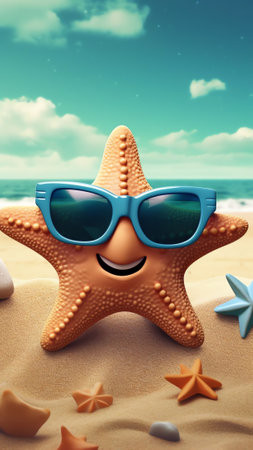Generative AI : Beautiful colorful background for summer beach holiday Sunglasses starfish turquoise flipflops on sandy tropical beach against blue sky with clouds on bright sunnyの素材