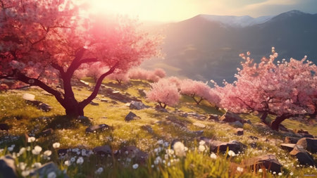 Generative AI : Beautiful spring panoramic landscape with flowering tree against backdrop of mountains with rays of sunlight Spring awakening nature selective soft focusの素材