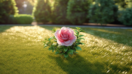 Generative AI : Beautiful manicured green mown lawn on household plot pink rose Bush varieties Excelsa and stone path on Sunny dayの素材
