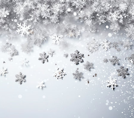 Generative AI : Beautiful silver background snow texture with snow flakes and yellow leafの素材