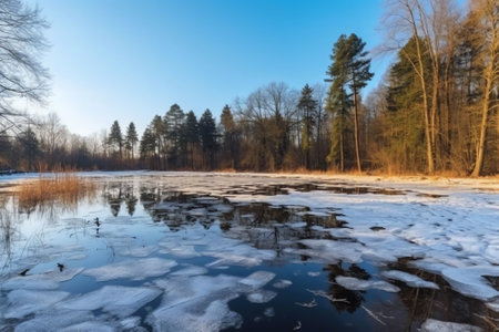 Generative AI : Frozen ice lake in winter in a park in the forest in sunny weather a panoramic view with a blue sky and white clouds Wallpaper beautiful fairy Christmas winter natuの素材