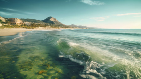 Generative AI : Beautiful wide panorama of beach in Turkish resort Antalya White line surf separates calm turquoise sea and Konyaalti beach with green parks and chain mountains inの素材