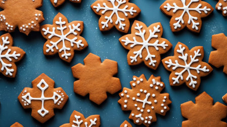 Generative AI : Christmas composition layout with ginger cookies in form of stars in blue plate with red ribbon fir cones on white wooden table with copy space flat layの素材