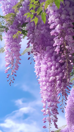 Generative AI : Beautiful purple wisteria flowers on a hedgeの素材