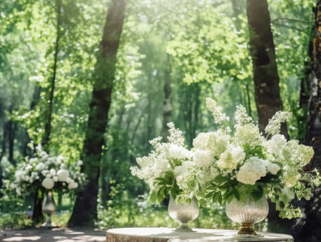 Generative AI : Spring fresh flowers of anemone in color vases in buckets with smale on a white wooden table against background of spring forest on nature outdoors in sunny day witの素材