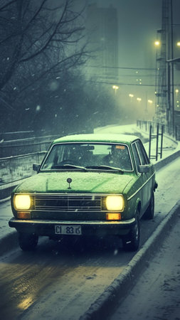 Generative AI : Car in winter in a frame of a metal fence grid under the snow in the cityの素材