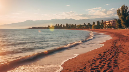 Generative AI : Panorama resort Antalya with soft focusing in background Sea wide beach blue sky white clouds and chain of mountains Scarlet oleander bush wood fence and retrostyleの素材
