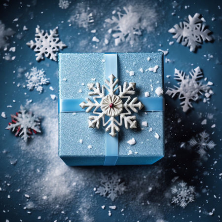 Generative AI : Real natural snowflake in winter sparkles on a blue knitted mitten with a copy space and inscription of Merry Christmasの素材