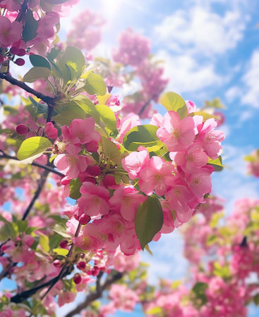 Generative AI : Pink flowers of blooming Apple tree in spring against blue sky on a Sunny day closeup macro in nature outdoorsの素材