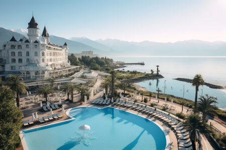 Generative AI : Panorama resort Antalya with soft focusing in background Sea wide beach blue sky white clouds and chain of mountains Scarlet oleander bush wood fence and retrostyleの素材