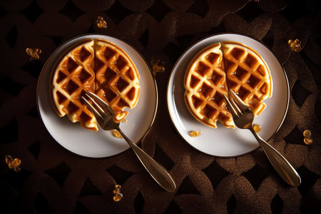 Generative AI : Two beautiful appetizing golden crispy waffles lie on a white plate sprinkled with powdered sugar closeup view from aboveの素材