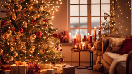 Generative AI : Beautiful elegant Christmas tree with Golden balls and gifts on defocused warm evening background of cozy home interior with fireplace in golden red and brown tonesの素材