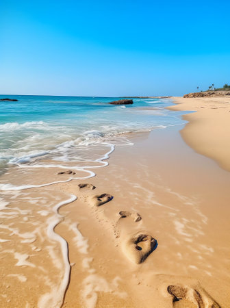 Generative AI : Background image with natural beauty of the marine nature transparent turquoise waves lit by sun roll on golden sand beach leaving foamy footprintsの素材