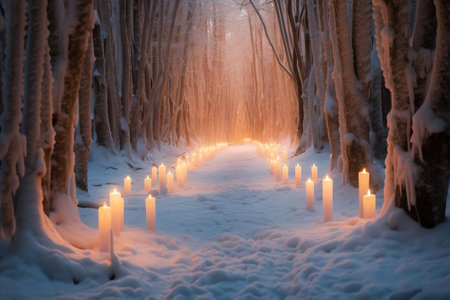 Generative AI : Beautiful wide format background image of winter nature a snowy forest a cold setting sun and a snowy surface with chains of footprintsの素材