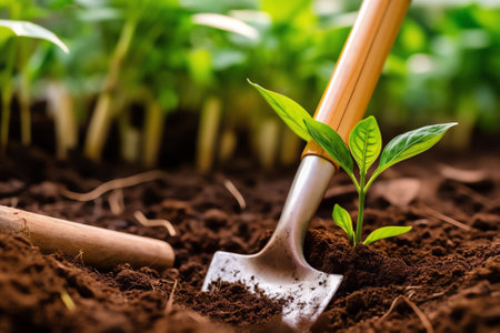 Generative AI : Fresh green young seedlings of sweet pepper plants and tomatoes in a brown soil in greenhouse with a blue garden watering can small garden shovel raker There is rooの素材