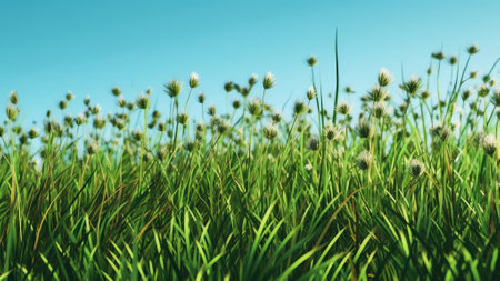 Generative AI : Bloom meadow field wild grass against green field in nature outdoor wide formatの素材