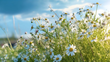 Generative AI : Beautiful field meadow flowers chamomile blue wild peas in morning against blue sky with clouds nature landscape closeup macro Wide format copy space Delightful pasの素材