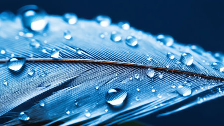 Generative AI : Beautiful fluffy air blue feather bird with spots and droplets of rain water dew on a blue brown background closeup macro Abstract creative elegant artistic image fの素材