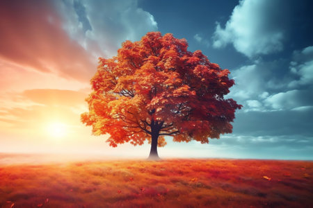 Generative AI : Beautiful maple tree in autumn Park on bright evening sun at sunset against blue sky with clouds Autumn natural landscape vintage colorsの素材
