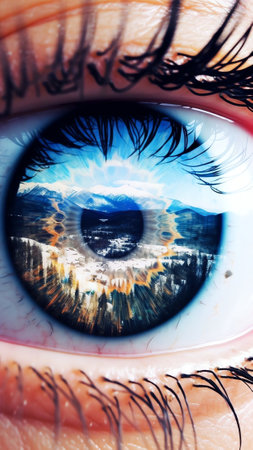 Generative AI : Beautiful open eye blue with frost or snow in the winter on the eyelashes a reflection of the golden city of skyscrapers in the eyes The idea of the concept for winの素材
