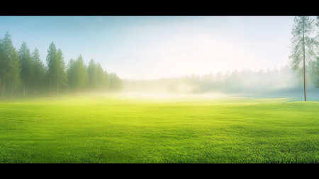 Generative AI : Beautiful summer natural landscape with lawn with cut fresh grass in early morning with light fog Panoramic spring backgroundの素材