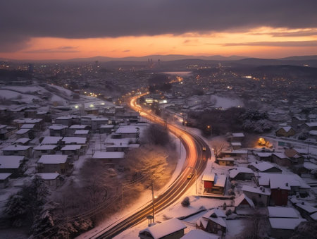 Generative AI : Beautiful panoramic view of a snowcovered city with a road trees in snow and cars in the winter at dawn with a beautiful purple pink sky with clouds and sunの素材