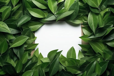 Generative AI : Creative layout composition frame of juicy dark green leaves with beautiful texture with paper card note macro Flat lay Nature concept copy spaceの素材
