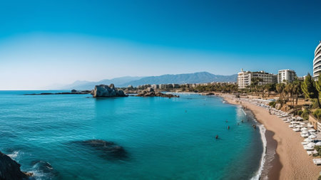 Generative AI : Beautiful panoramic view of sea and beach Cirali Kemer Antalya Turkey Mountains and blue sky with clouds on sunny dayの素材