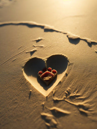 Generative AI : Drawing of a heart on a golden yellow sand beach outdoors closeupの素材