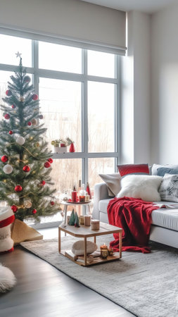 Generative AI : Christmas tree and gift in a light living room interior Interior of room with sofa chest of drawers with burning candles a fluffy white plaid and pillow with copy sの素材