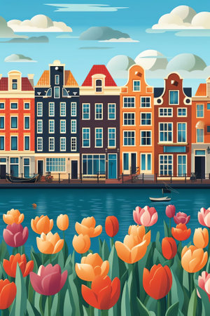 Generative AI : City landscape with blooming tulips in springの素材