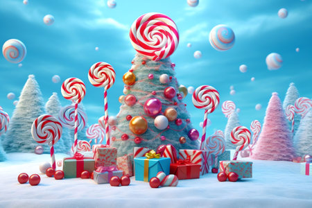 Generative AI : Bright colorful Christmas and New Year creative layout Snowman and Christmas tree made of sugar candies on blue wooden background Ingenious artistic greeting card fの素材