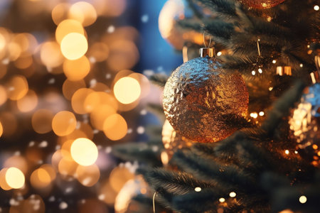 Generative AI : Christmas tree decorated with Golden balls toys on a blurred sparkling and fabulous fairy background with beautiful bokeh closeupの素材
