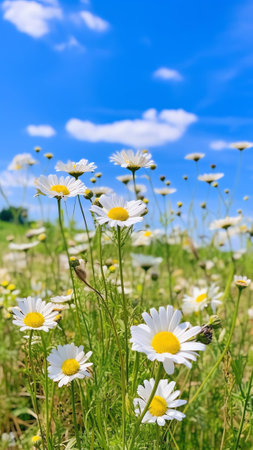 Generative AI : Flowers daisy closeup on a background of blue sky outdoors in nature Natural beautiful colorful bright summer pastoral landscapeの素材