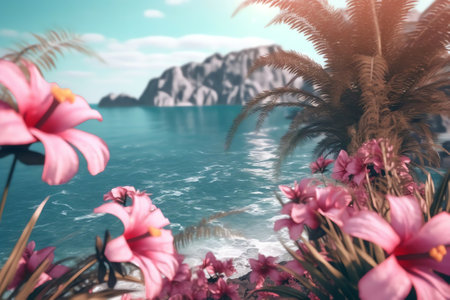 Generative AI : Beautiful view through bright oleander flowers on famous beach Antalya city Turquoise sea wide beach line greenery parks against background of mountains with caps oの素材