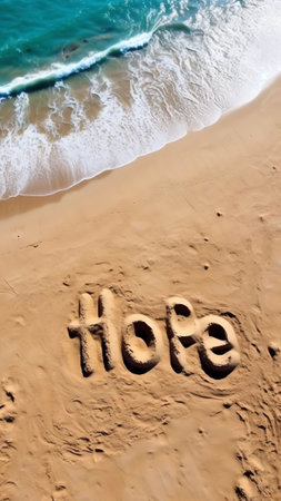 Generative AI : Inscription is a vacation on the golden sand on beach with beautiful turquoise sea wave with white foam top view Concept of summer vacationt texture of sand templatの素材