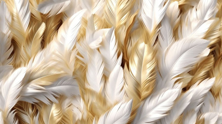Generative AI : Gold and white bird feather on a dark background in a ray of golden light Bright original glamorous exquisite abstract artistic image Art photoの素材