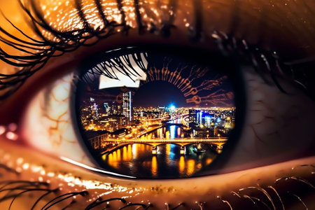 Generative AI : Beautiful open eye blue with frost or snow in the winter on the eyelashes a reflection of the golden city of skyscrapers in the eyes The idea of the concept for winの素材