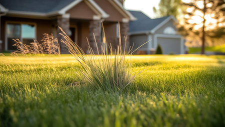 Generative AI : Tall green juicy young grass at sunset in sunshine in spring summer against a blurred rural landscape with a houseの素材