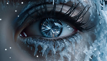 Generative AI : Open expressive blue eyes with frost or snow on eyelashes macro closeup in winter Bright sensual expressive artistic imageの素材