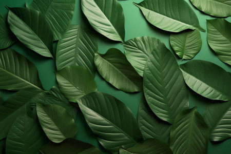 Generative AI : Natural background of green leaves Creative composition of the texture of leaves vintage colorsの素材