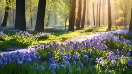 Generative AI : Spring glade in forest with flowering pink and purple hyacinths in sunny day in nature Colorful natural spring landscape with with flowers soft selective focusの素材