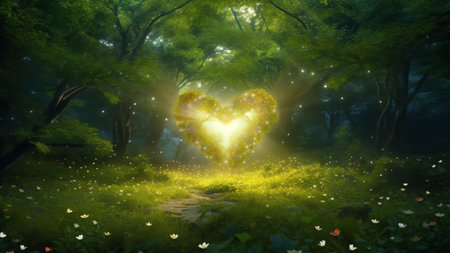 Generative AI : Silhouette of a heart in the foliage of trees Two beautiful textured tree trunks with green juicy leaves in the rays of sunlightの素材