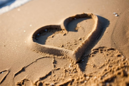 Generative AI : Drawing of a heart on a golden yellow sand beach outdoors closeupの素材