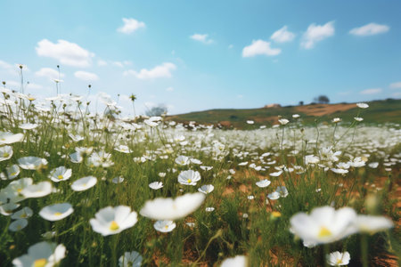 Generative AI : mazingly beautiful widescreen image of bright elegant field of blooming wild flowers daisies in nature on spring or summer morning on background blue skyの素材