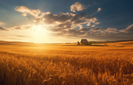 Generative AI : Natural rural panoramic landscape Golden straw in the field after the wheat harvest in rays of sunlight at sunset against background of sky with cloudsの素材