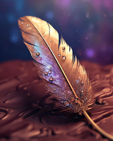 Generative AI : Beautiful drops dew closeup on a feather with a beautiful background and reflection Artistic image form for postcard or wallpaper for desktop Macroの素材